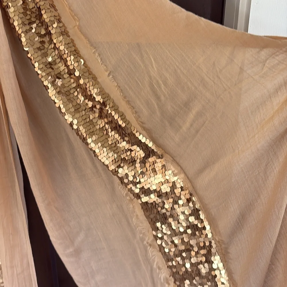 NWT Tory Burch Silk / Wool Sequined Shawl Scarf Gold Tan Retail $275.00